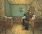 С.Г.Волконский с женой в камере, отведенной им в Петровской тюрьме. 1830 г. Акварель Н.А.Бестужева